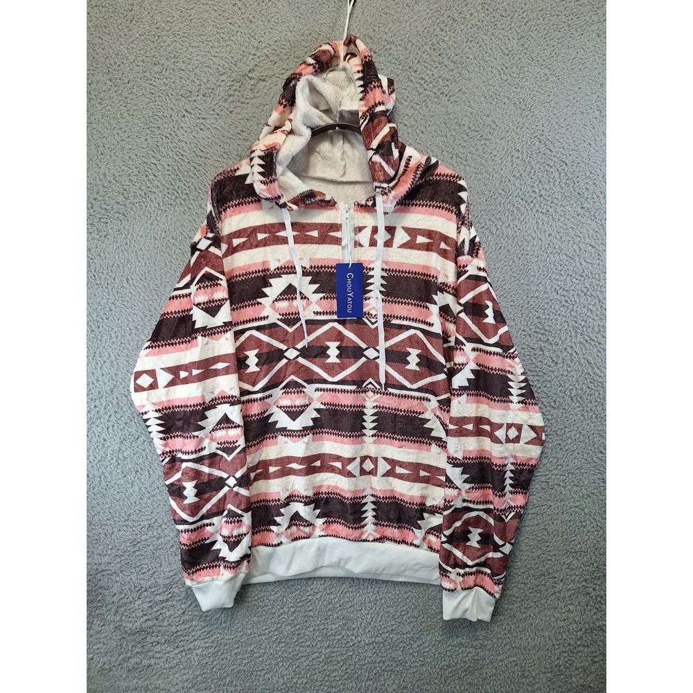 Chouyatou Sherpa Fleece Hoodie Women Large Multi Aztec Print Stretch Quarter Zip